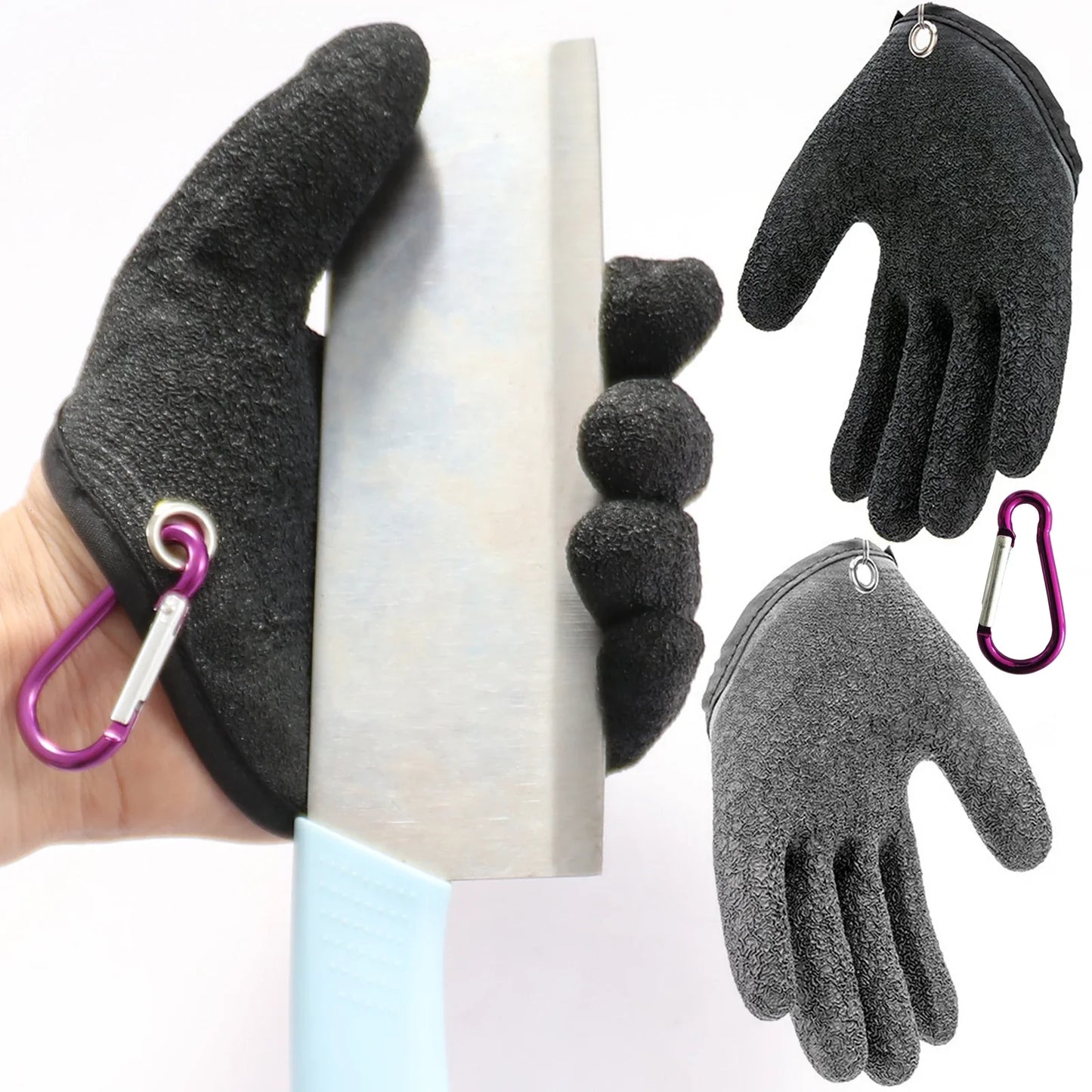 Black Fishing Gloves holding knife